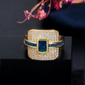 Macro detail of gold plated ring with large blue rectangular stone and pavé zircon stones - Size 7 / Gold + Blue Style