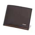 Men's tri-fold coffee brown leather wallet with light brown trim and metal logo - Dark Coffee