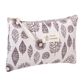 Large capacity beige canvas makeup bag with brown leaf patterns and zipper closure - Leaf / Large