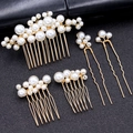 Set da sposa di 5 pezzi per capelli con filo dorato e perle bianche su sfondo grigio - Oro (3 Pettini + 2 Forcine)
