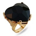 Anello regolabile placcato oro con una pietra preziosa nera sfaccettata a forma di cuore - Aperto Regolabile / Nero