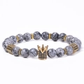 8mm Naturstein-Perlenarmband mit goldener Zirkonia-Krone für Damen und Herren - Natürlicher Landkartenstein (Nicht geflochten)