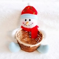Detail of a snowman Christmas candy basket with plush hat and woven wooden storage base - Light Blue Scarf Snowman