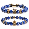 Bracelets en lapis-lazuli 8mm avec breloques couronne dorées serties de zircons - Ensemble de Bracelets Couronne (Lot de 2)