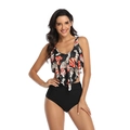 Women's two-piece bikini with ruffle floral top and high-waisted black swim shorts - S / Black