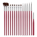 Set of 16 professional red handle nail art brushes with various painting brush tips - Rose Red