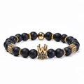 8mm matte black stone beaded bracelet with golden crown and zircon inlaid charms - Frosted Stone Elastic Cord Style