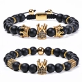 Black matte stone crown bracelet with gold micro-pave cubic zirconia accents - 2 Pieces Set