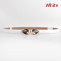 Slim white dress belt for women with golden double fish buckle and purple gemstones - White Fish Gem