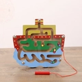 Ship-shaped wooden magnetic maze puzzle toy with colorful beads and red stylus pen - Ship