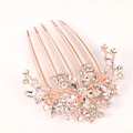 Rose gold floral hair comb with sparkling rhinestones and crystal flower design - 5-Tooth Hair Comb / White