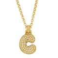 Macro shot of gold bubble letter C pendant with sparkling pave rhinestones on rolo chain - Letter C