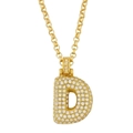 Detailed close-up of letter D pendant with gold plating and cubic zirconia pave setting - Letter D