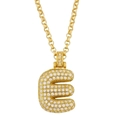 Close-up of gold-plated letter E pendant with pave-set crystals and thick curb chain - Letter E