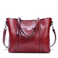 Fashionable wine red oil wax leather tote bag with dual handles and removable strap - Burgundy