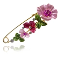 Golden safety pin brooch with pink enamel flowers and sparkling rhinestones - Tulip Red