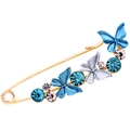 Golden safety pin brooch with blue enamel butterflies and sparkling rhinestones - Butterfly Blue