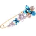 Golden safety pin brooch with five blue and purple enamel flowers and rhinestones - Blue Bauhinia