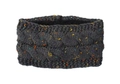 Close-up of thick cable knit ear warmer headband in dark grey with colorful rainbow neps - Deep Grey Marl
