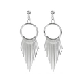 Silver geometric tassel drop earrings with sparkling rhinestones and long metallic fringe - Silver