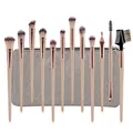 Detailed set of 12 champagne gold makeup brushes with a silver textured zipper pouch - 12Pcs With Bag / Champagne Gold
