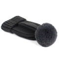 Detail of dark grey knitted beanie featuring a large fluffy pompom and thick wool texture - Dark Gray