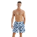 Pantaloncini mare uomo bianchi con stampa di palme blu e coulisse in vita elastica - M / Palma