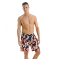 Men's beach shorts with orange tropical leaf print and adjustable drawstring waist - Black Monstera