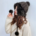 Women's black knit earflap winter hat with faux fur trim and three cute pom-poms - M (56-58cm) / Black