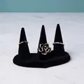 Three-piece ring set with black velvet display stand and 3D rose crystal jewelry design - 3-Finger Slot