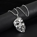 Silver V for Vendetta mask pendant necklace with metal chain on black leather - V Mask Style (A094)