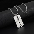 Silver military dog tag necklace with PHIL 4:13 scripture engraving on black leather - Scripture Tag Style (A128)