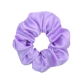 Detailed view of the smooth purple satin fabric texture on a large hair scrunchie - Purple