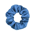 Detailed view of glossy blue satin fabric texture and pleated design on hair scrunchie - Blue