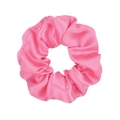 Glossy pink satin scrunchie hair tie with smooth elastic fabric texture on white background - Pink