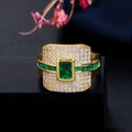 Luxurious gold-plated ring with rectangular emerald-cut green stone and pavé zircon stones - Size 6 / Gold + Green Style