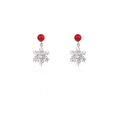 Elegant silver snowflake earrings with red beads and white zircon stones in symmetrical view - Red Pearl Studs + Small Snowflake Drop