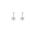 Elegant silver snowflake earrings with white round pearls and sparkling zircon fringes - White Pearl Studs + Small Snowflake Drop