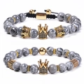 Bracciale di pietre naturali con corona dorata e zirconi micro-pave per coppie - Set di Bracciali Corona in Pietra Map (2 Pezzi)
