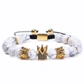 White turquoise crown bracelet with 8mm marble beads and gold micro-pave charms - Natural White Turquoise (Woven Cord)