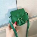 Mini grass green faux leather crossbody bag for kids with fringe and gold ring detail - Army Green