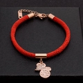 Red braided cord bracelet with rose gold cat charm and crystal details on black leather - Prosperity Mouse