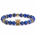 Bracelet 8mm en lapis-lazuli naturel avec couronne dorée et hexagone serti de zircon - Pierre Impériale Naturelle Bleue (Cordon Élastique)