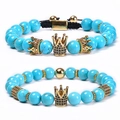 Natural turquoise crown bracelet set with gold cubic zirconia charms on white background - Crown Bracelet Set (2 Pcs)