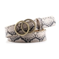 Women's faux snakeskin belt featuring vintage bronze double O-ring buckle on white background - Snake Print