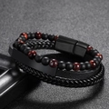 Multi-layer men's bracelet featuring tiger eye stone beads and braided black leather - Black Red Tiger Eye 3-Layer