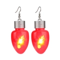 Detail of red LED Christmas bulb earrings with silver hooks and glowing warm yellow light - Red Earrings