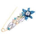Floral safety pin brooch in gold finish with blue enamel petals and crystal accents - Lily - Blue