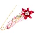 Gold pin brooch featuring a large red enamel flower with pink and white rhinestones - Red Lily