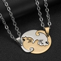 Matching cat puzzle couple necklaces in gold and silver steel on black leather background - Round Yin Yang / Gold & Silver Cat (Pair + Chains)